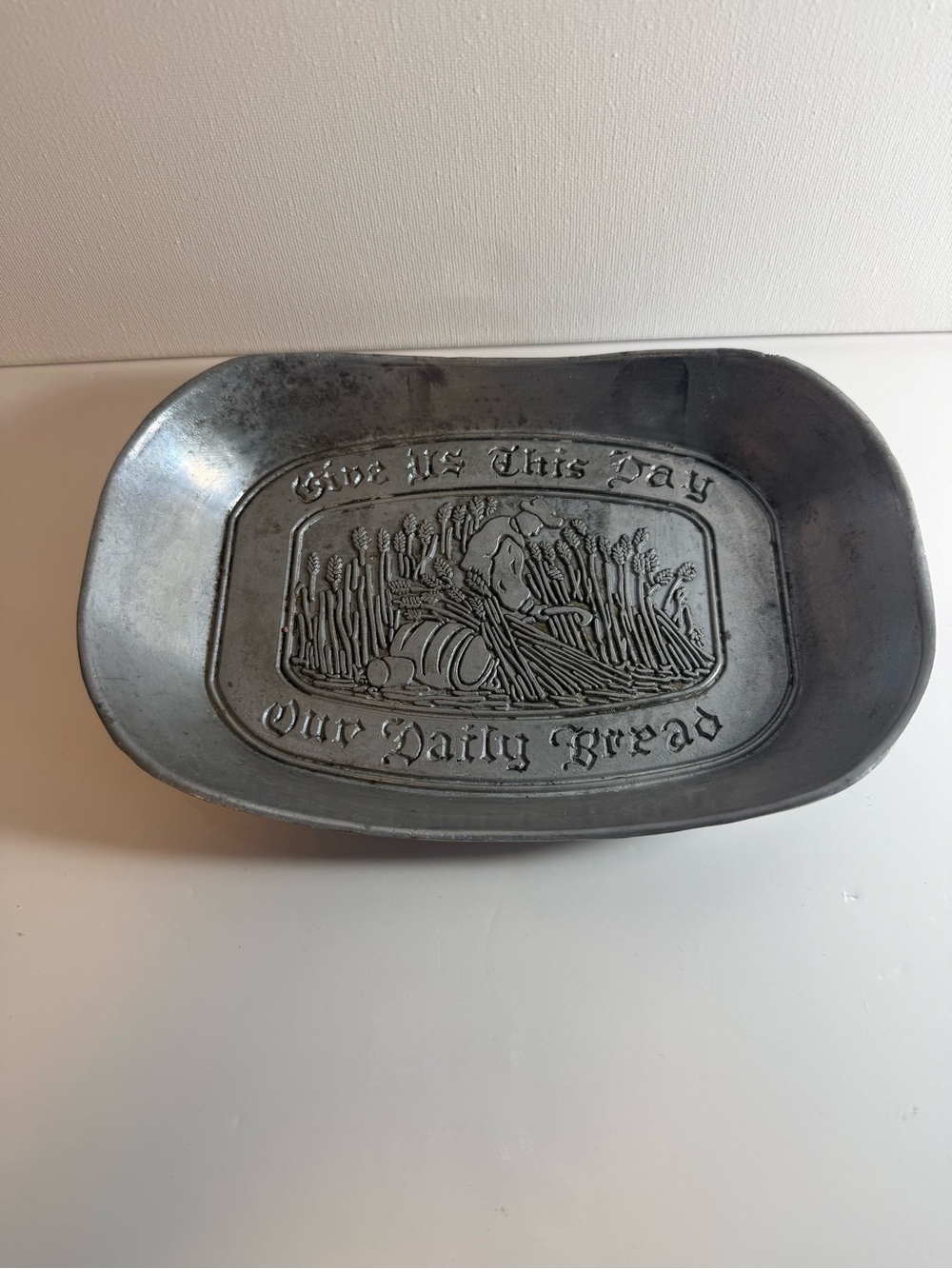 Vintage "Give Us This Day Our Daily Bread" Pewter Metal Tray, 9.25 in X 6.5 in